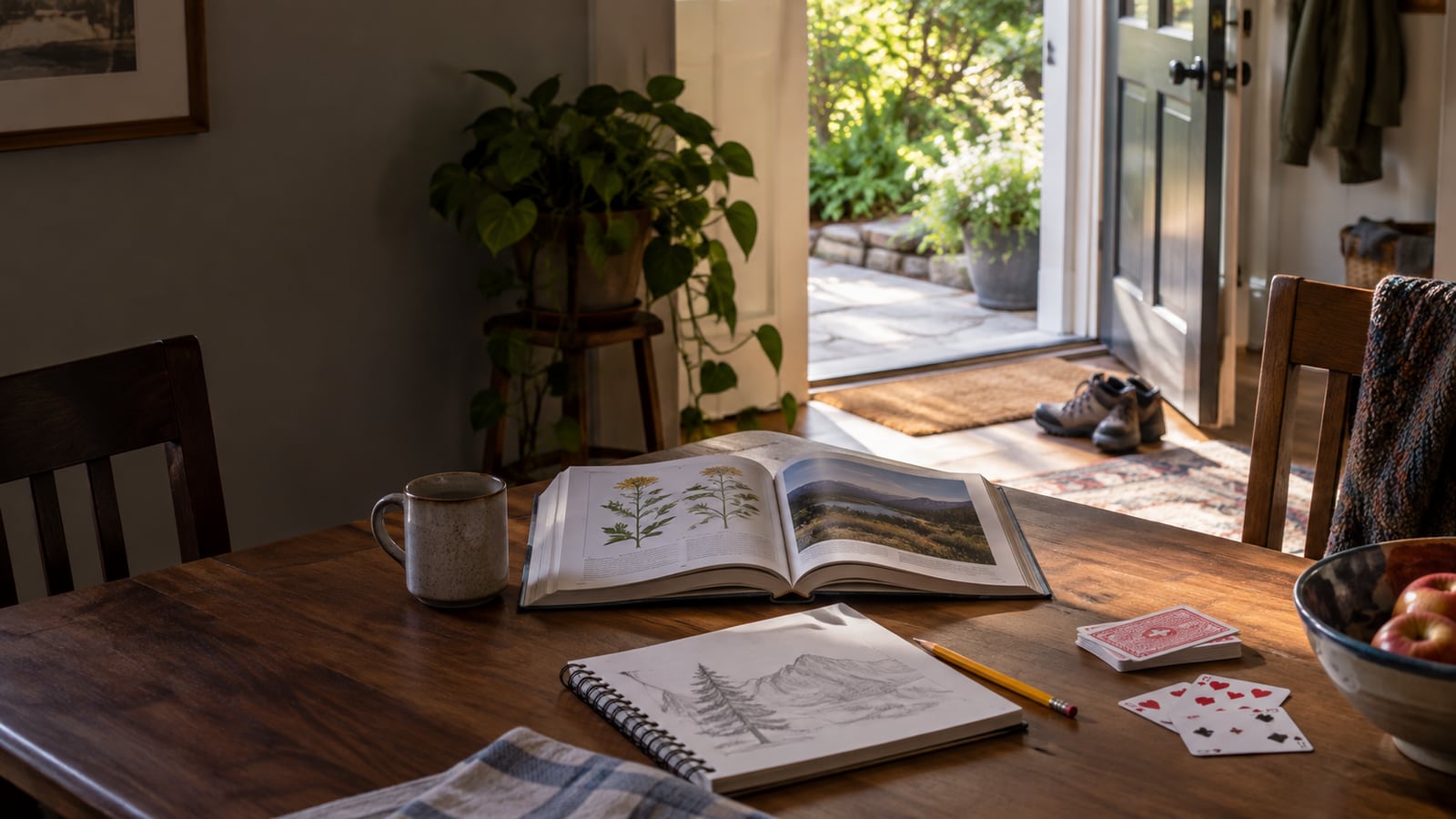 An open book, sketchpad, and playing cards on a table near an open door