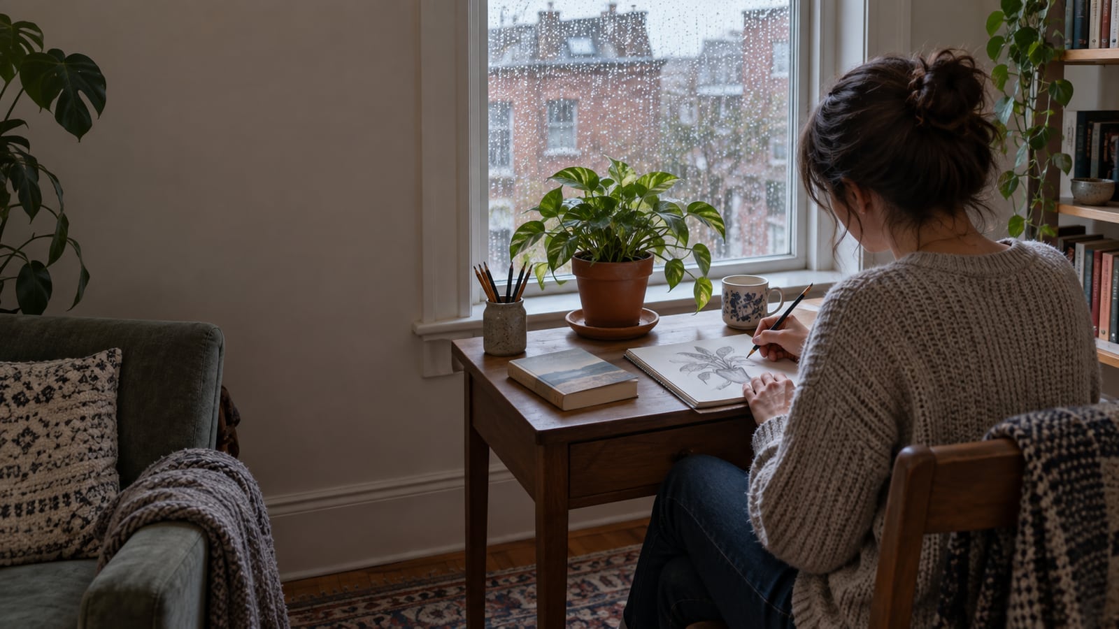 A person sketching a houseplant alone at home on a rainy afternoon
