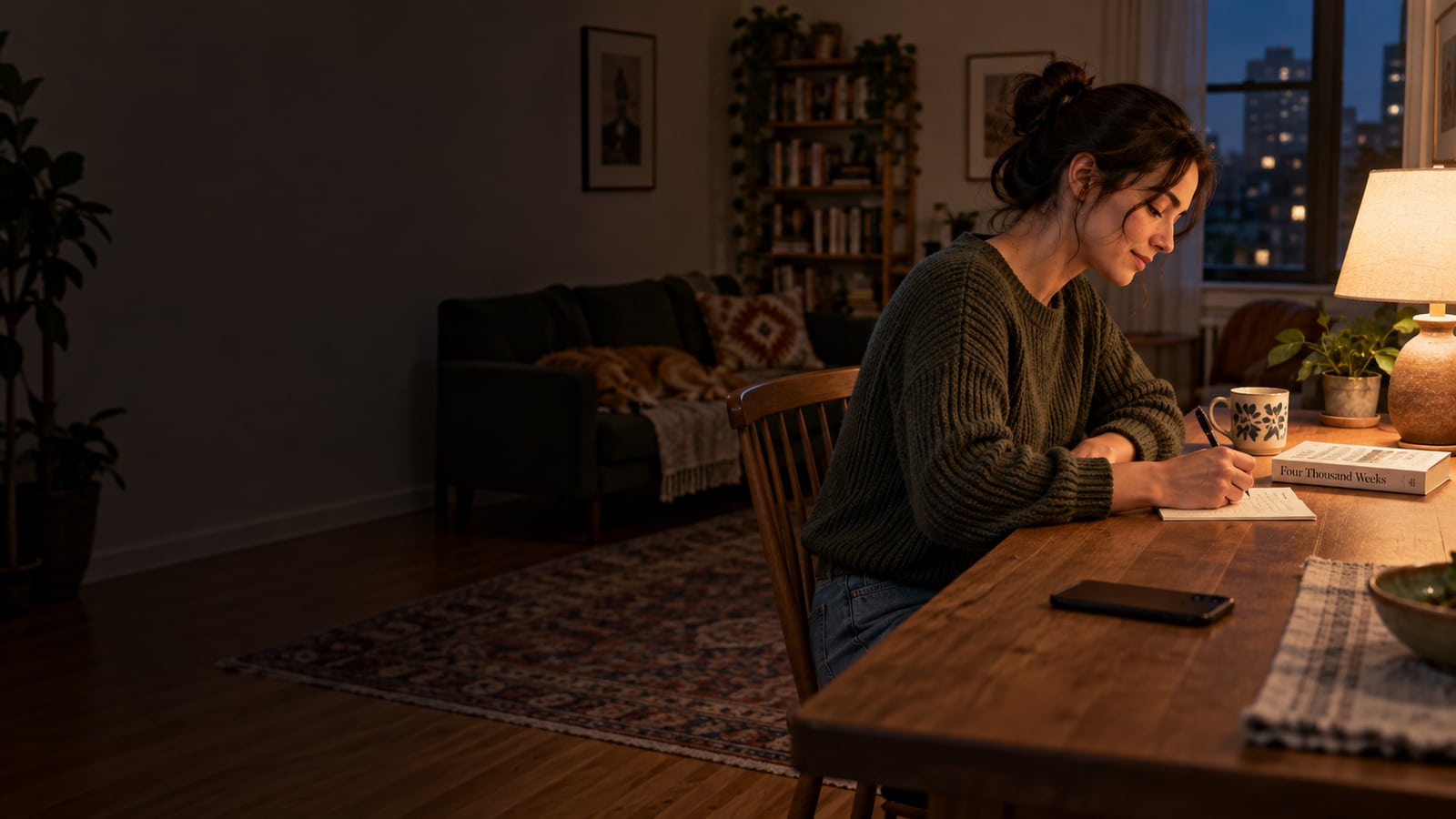An adult writing a note at home in the evening with a phone set aside