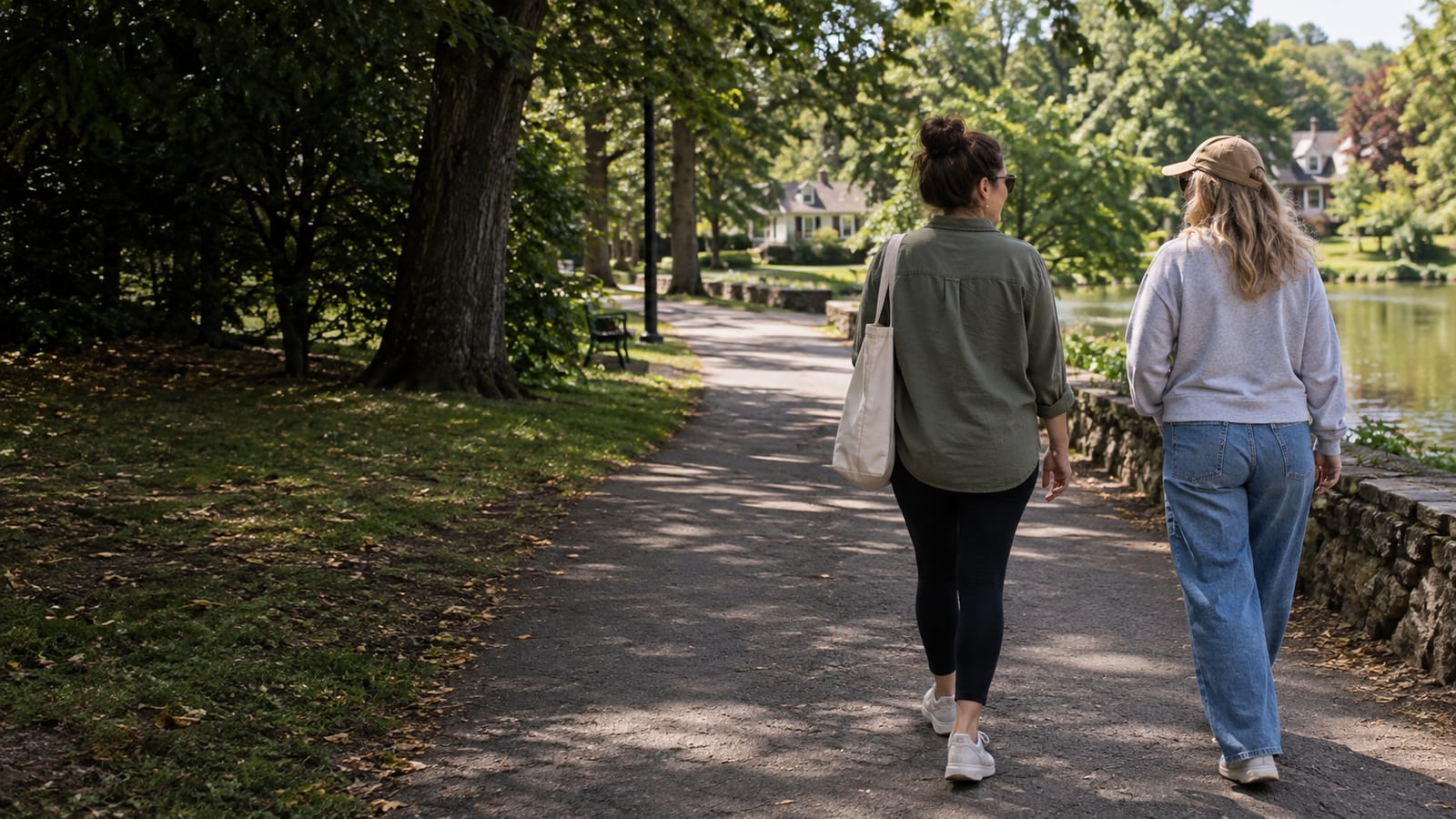 Two adults walking together on a shaded neighborhood park path