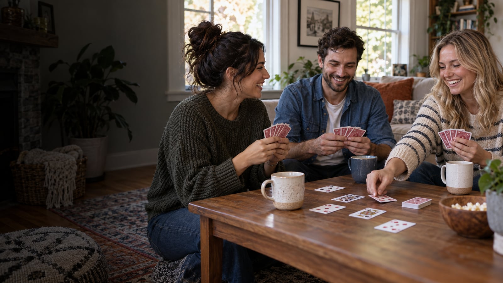 Three adult friends playing cards together in a living room